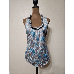 LunaTiks Women’s Gray Teal Floral Ruffle Racerback Blouse Top Size Medium